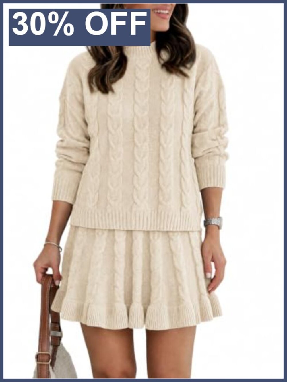 Chunky Cable Knit High Neck Sweater and Ruffle Mini Skirt 2-Piece Set